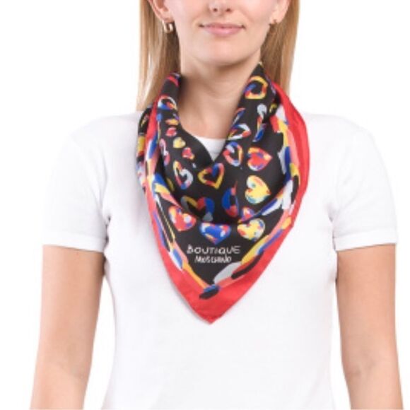 MOSCHINO Red Multicolored Hearts Silk Square Scarf - Picture 5 of 8